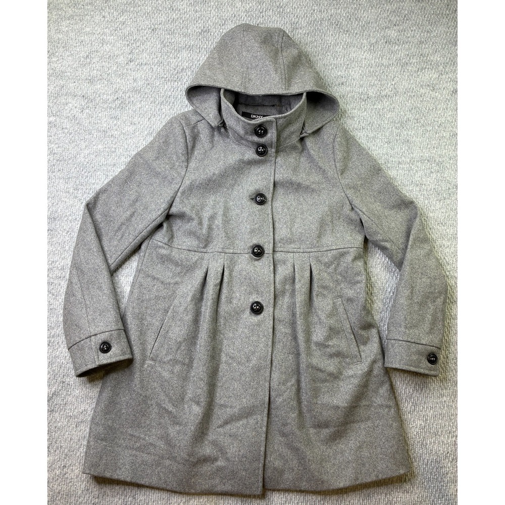 DKNY Womens Size 12 Gray Wool Blend Hooded Coat Fit Flare Button Front Winter